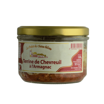 Etiquette descriptive des ingrédients du bocal terrine de chevreuil à l'armagnac